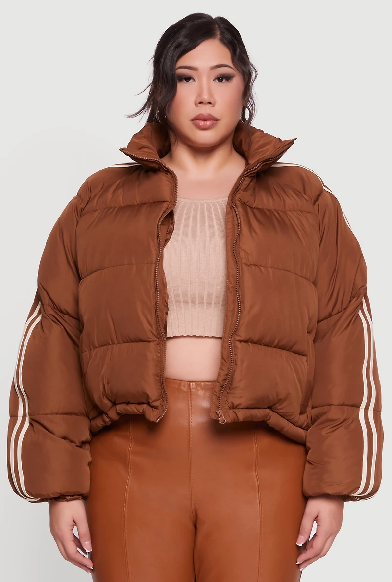 Womens Plus Size Stripe Detail Zip Front Puffer Jacket, Brown, Size 3X