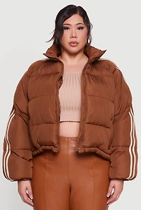 Womens Plus Size Stripe Detail Zip Front Puffer Jacket, Brown, Size 3X