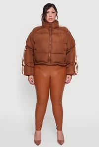 Womens Plus Size Stripe Detail Zip Front Puffer Jacket, Brown, Size 3X