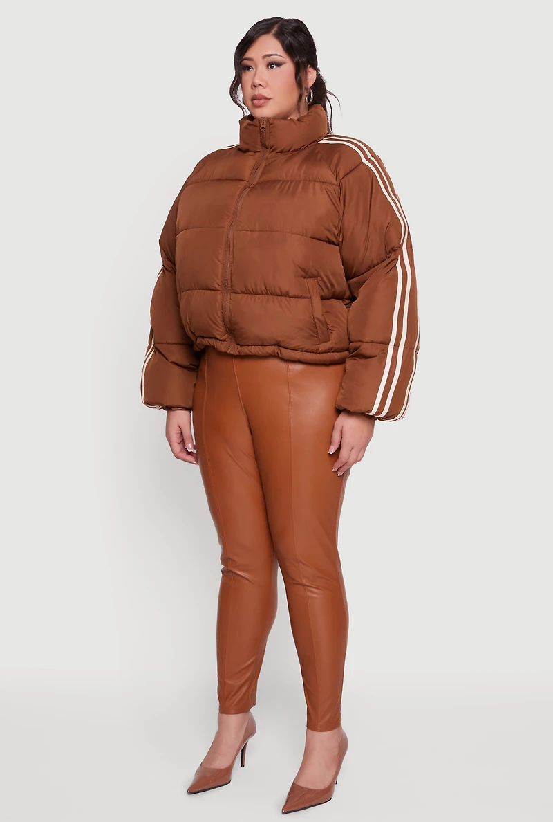 Womens Plus Size Stripe Detail Zip Front Puffer Jacket, Brown, Size 3X