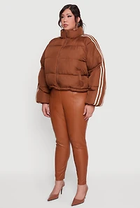 Womens Plus Size Stripe Detail Zip Front Puffer Jacket, Brown, Size 3X