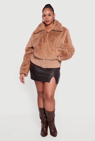 Plus Faux Fur Jacket with Chevron Quilted Hem