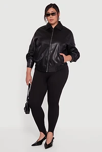 Plus Faux Leather Zip Front Bomber Jacket