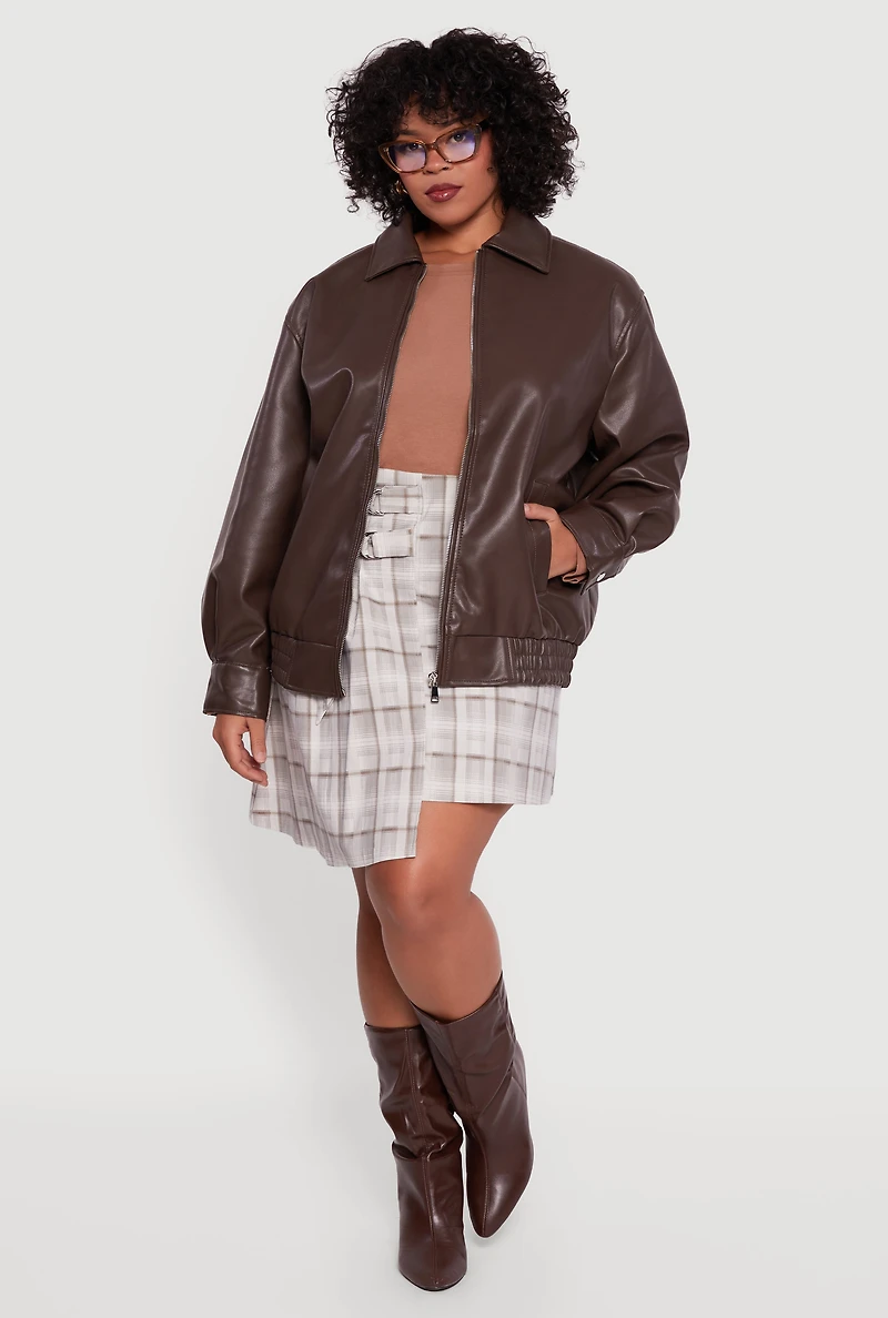 Womens Plus Faux Leather Zip Front Bomber Jacket, Brown,