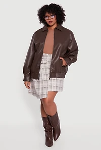 Womens Plus Faux Leather Zip Front Bomber Jacket, Brown,