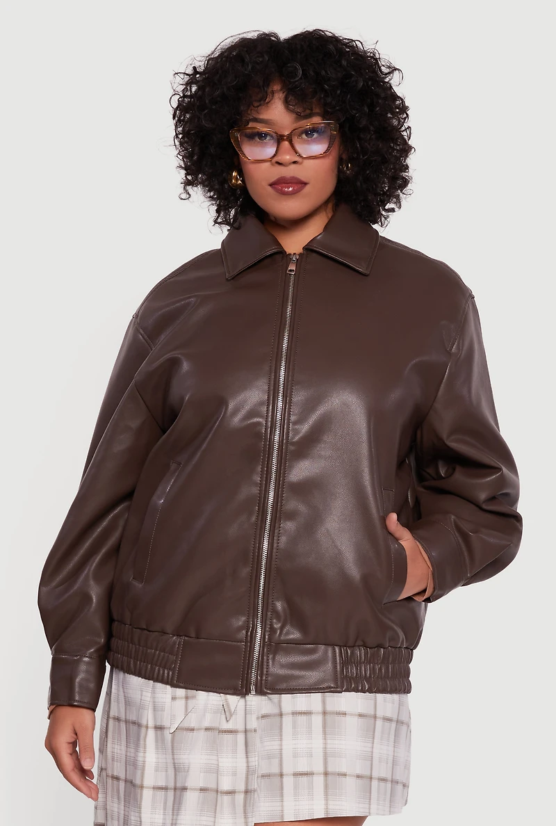 Womens Plus Faux Leather Zip Front Bomber Jacket, Brown,