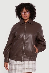 Womens Plus Faux Leather Zip Front Bomber Jacket, Brown,