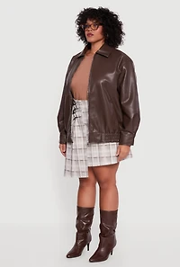 Womens Plus Faux Leather Zip Front Bomber Jacket, Brown,