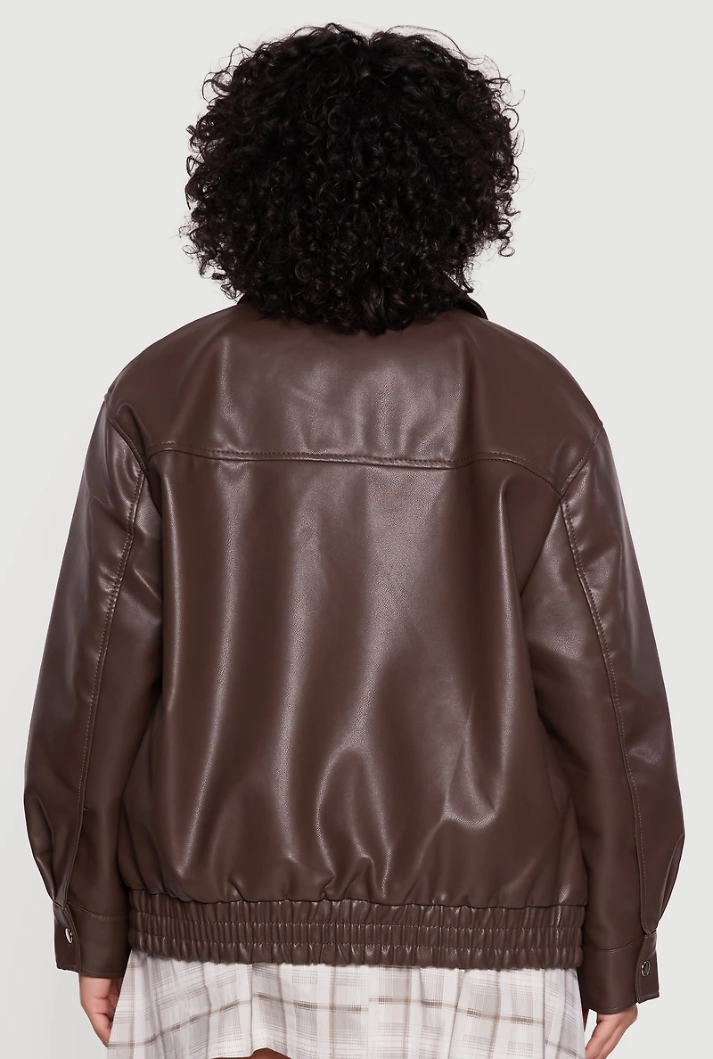 Womens Plus Faux Leather Zip Front Bomber Jacket, Brown,