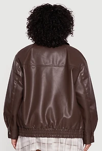 Womens Plus Faux Leather Zip Front Bomber Jacket, Brown,
