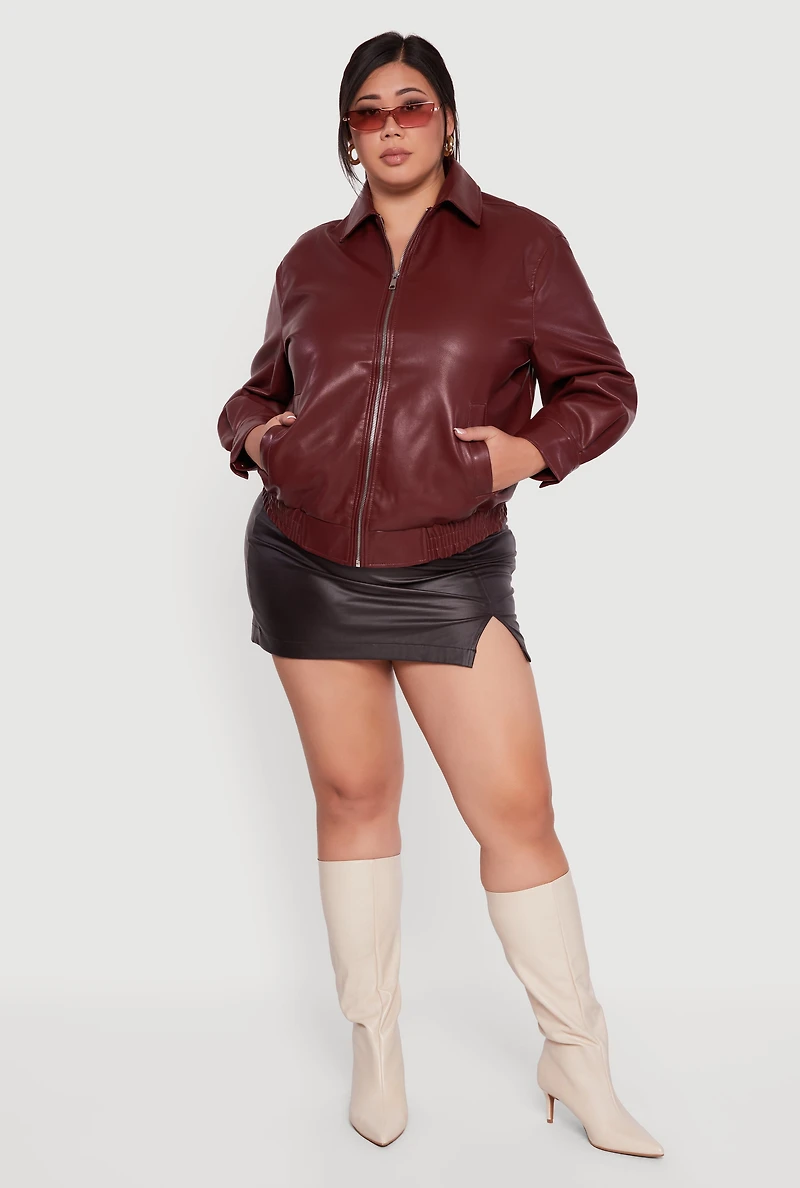 Womens Plus Faux Leather Zip Front Bomber Jacket, Burgundy,