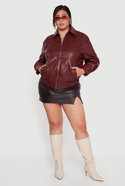 Plus Faux Leather Zip Front Bomber Jacket