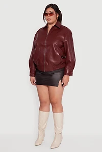 Womens Plus Faux Leather Zip Front Bomber Jacket, Burgundy,