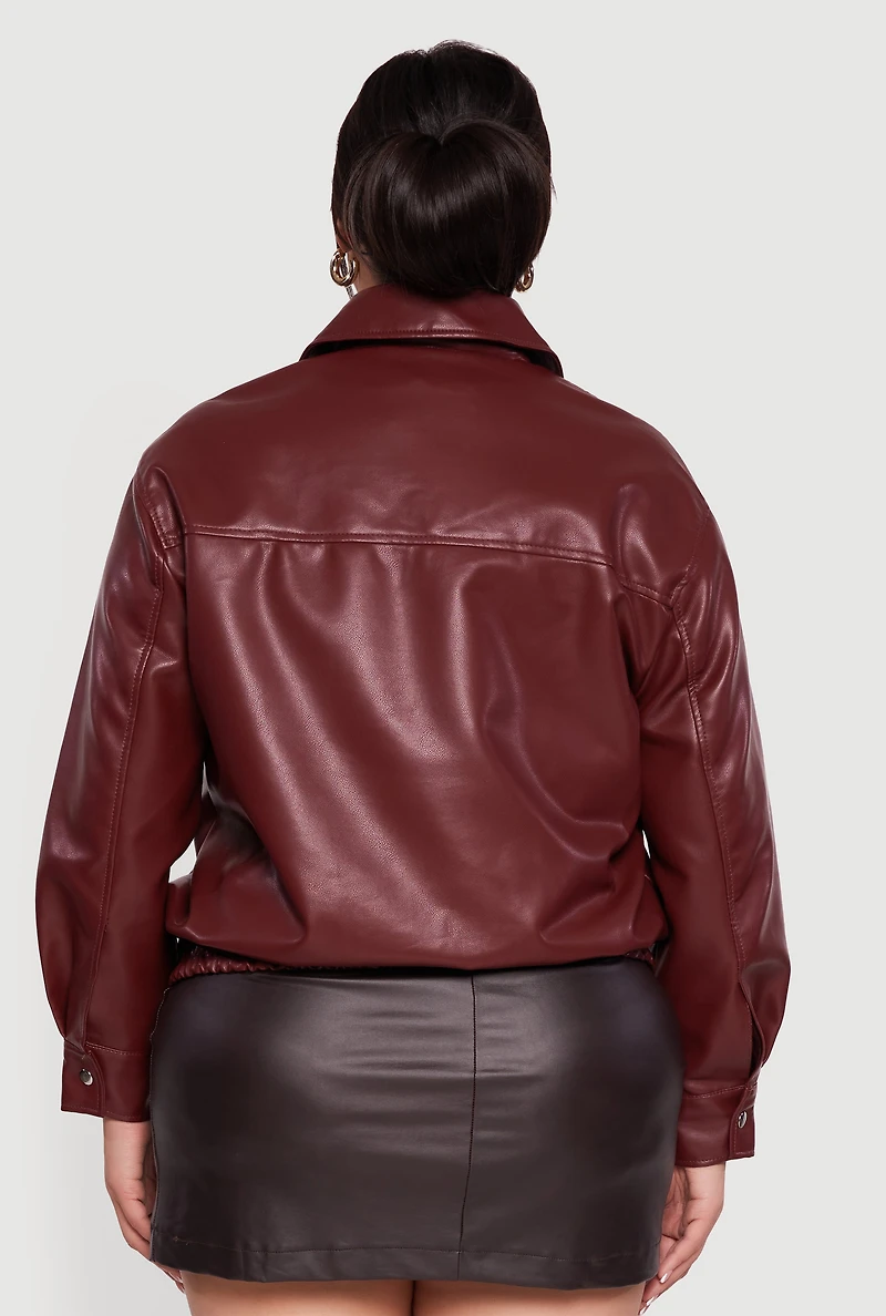 Womens Plus Faux Leather Zip Front Bomber Jacket, Burgundy,