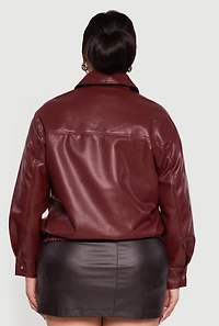 Womens Plus Faux Leather Zip Front Bomber Jacket, Burgundy,