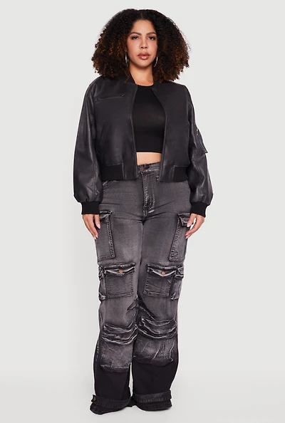 Womens Plus Faux Leather Collared Zip Front Bomber Jacket,