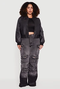 Plus Faux Leather Collared Zip Front Bomber Jacket