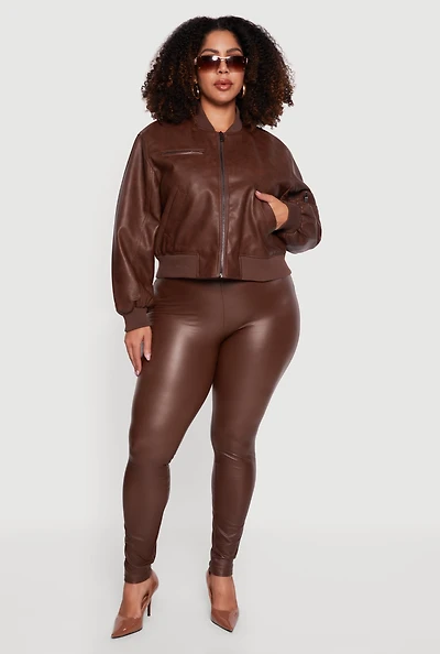 Plus Faux Leather Collared Zip Front Bomber Jacket