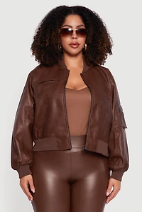 Plus Faux Leather Collared Zip Front Bomber Jacket