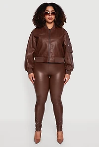 Plus Faux Leather Collared Zip Front Bomber Jacket