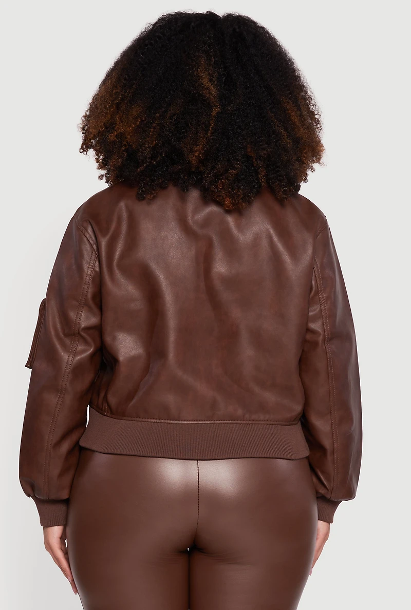 Plus Faux Leather Collared Zip Front Bomber Jacket