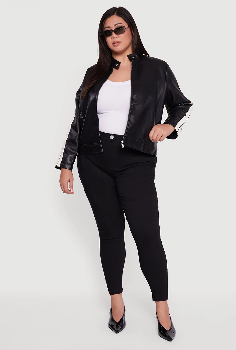 Womens Plus Size Contrast Trim Faux Leather Moto Jacket, Black, Size 3X