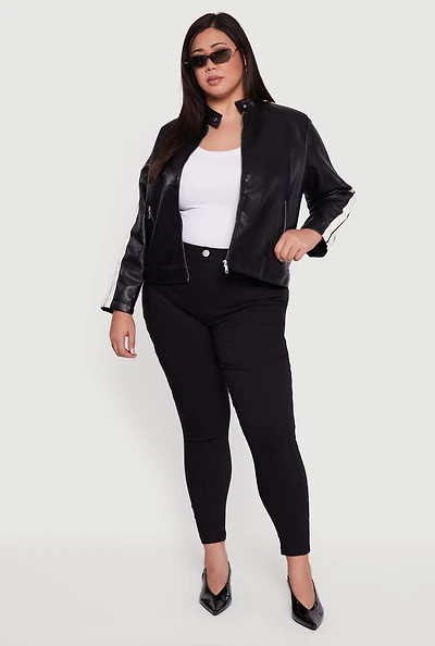 Womens Plus Size Contrast Trim Faux Leather Moto Jacket, Black, Size 3X