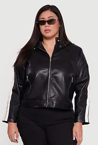 Plus Contrast Trim Faux Leather Moto Jacket