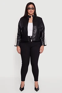 Plus Contrast Trim Faux Leather Moto Jacket