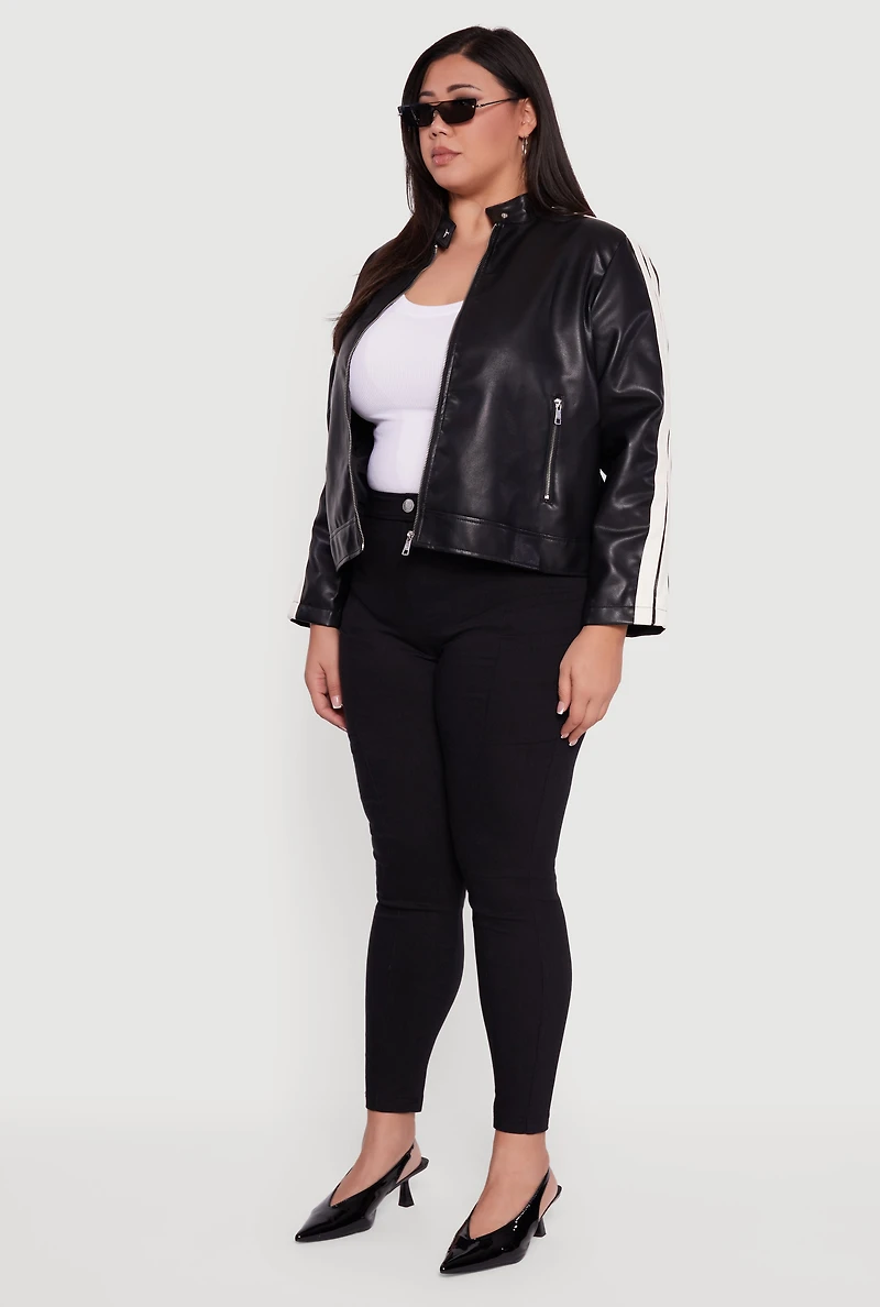 Womens Plus Size Contrast Trim Faux Leather Moto Jacket, Black, Size 3X