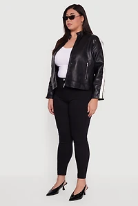 Womens Plus Size Contrast Trim Faux Leather Moto Jacket, Black, Size 3X
