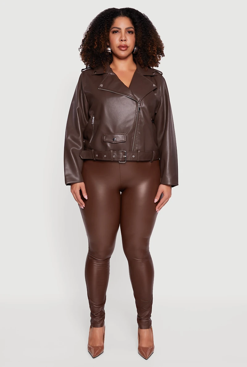 Plus Asymmetrical Belted Front Moto Jacket