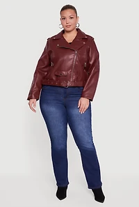 Womens Plus Size Asymmetrical Belted Front Moto Jacket, Burgundy, Size 3X