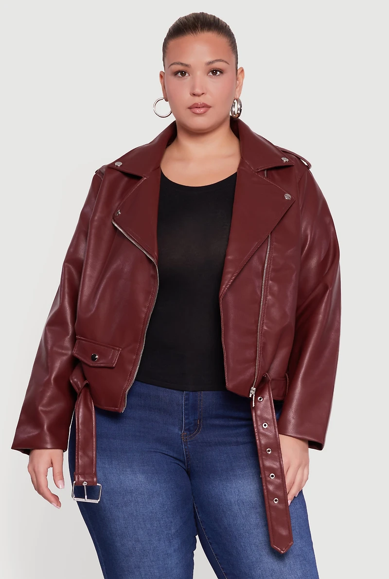 Womens Plus Size Asymmetrical Belted Front Moto Jacket, Burgundy, Size 3X