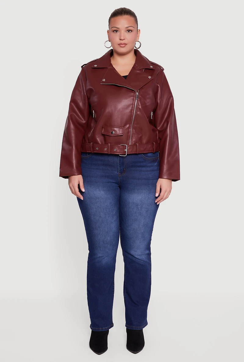 Womens Plus Size Asymmetrical Belted Front Moto Jacket, Burgundy, Size 3X