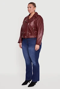Womens Plus Size Asymmetrical Belted Front Moto Jacket, Burgundy, Size 3X