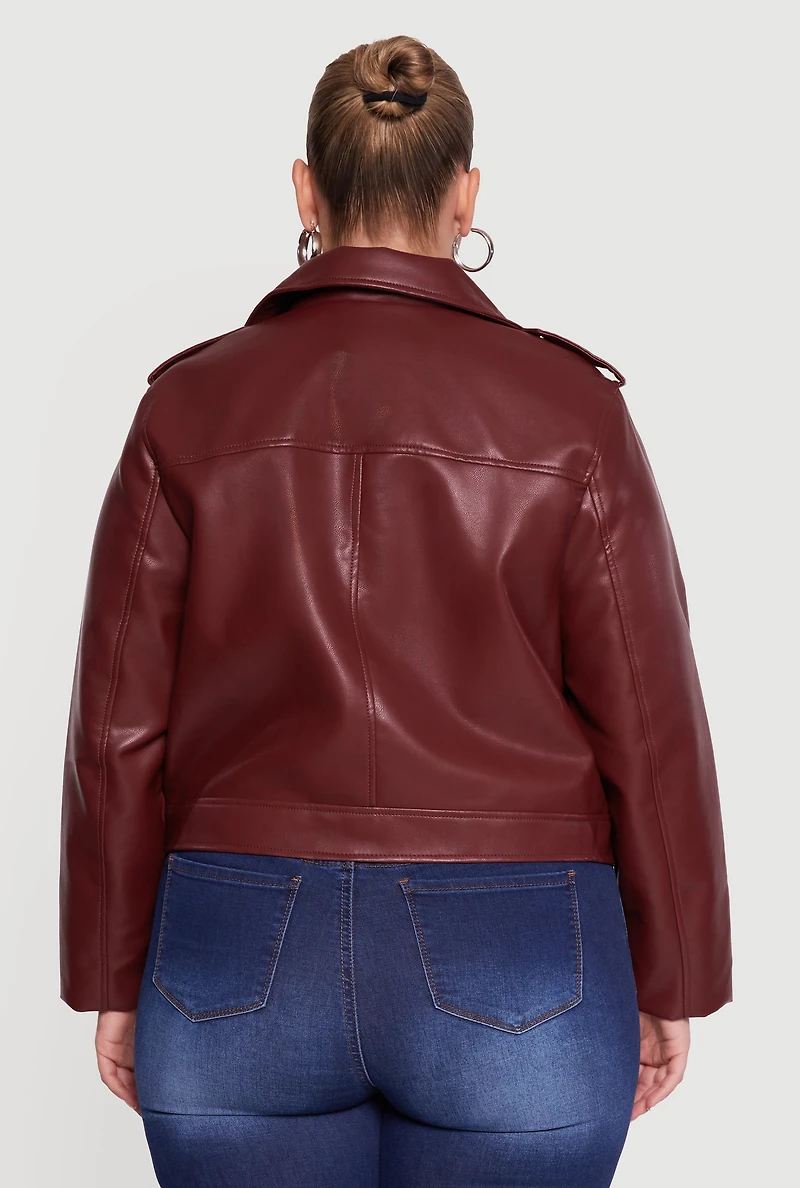 Womens Plus Size Asymmetrical Belted Front Moto Jacket, Burgundy, Size 3X