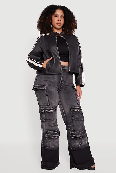 Womens Plus Size Faux Leather Side Stripe Zip Front Moto Jacket, Black, Size 2X