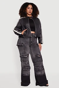 Womens Plus Size Faux Leather Side Stripe Zip Front Moto Jacket, Black, Size 2X