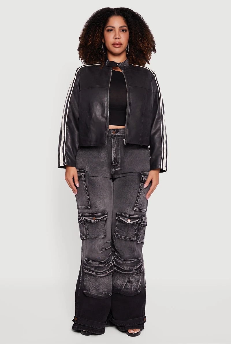 Womens Plus Size Faux Leather Side Stripe Zip Front Moto Jacket, Black, Size 2X
