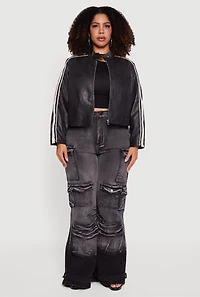 Womens Plus Size Faux Leather Side Stripe Zip Front Moto Jacket, Black, Size 2X