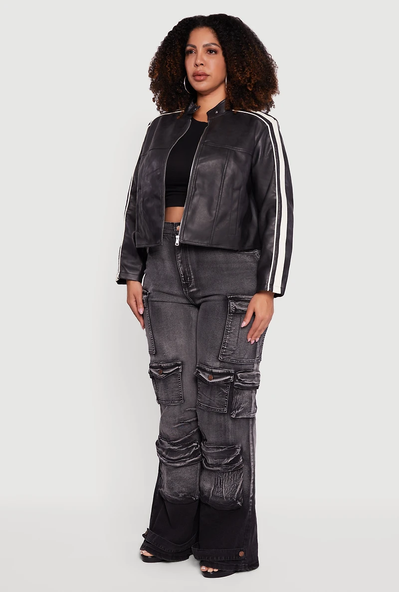 Womens Plus Size Faux Leather Side Stripe Zip Front Moto Jacket, Black, Size 2X