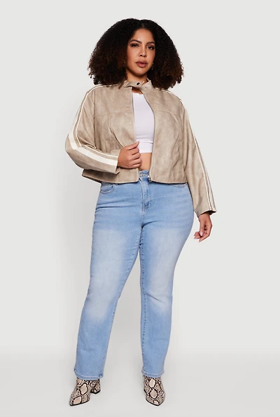 Plus Faux Leather Side Stripe Zip Front Moto Jacket