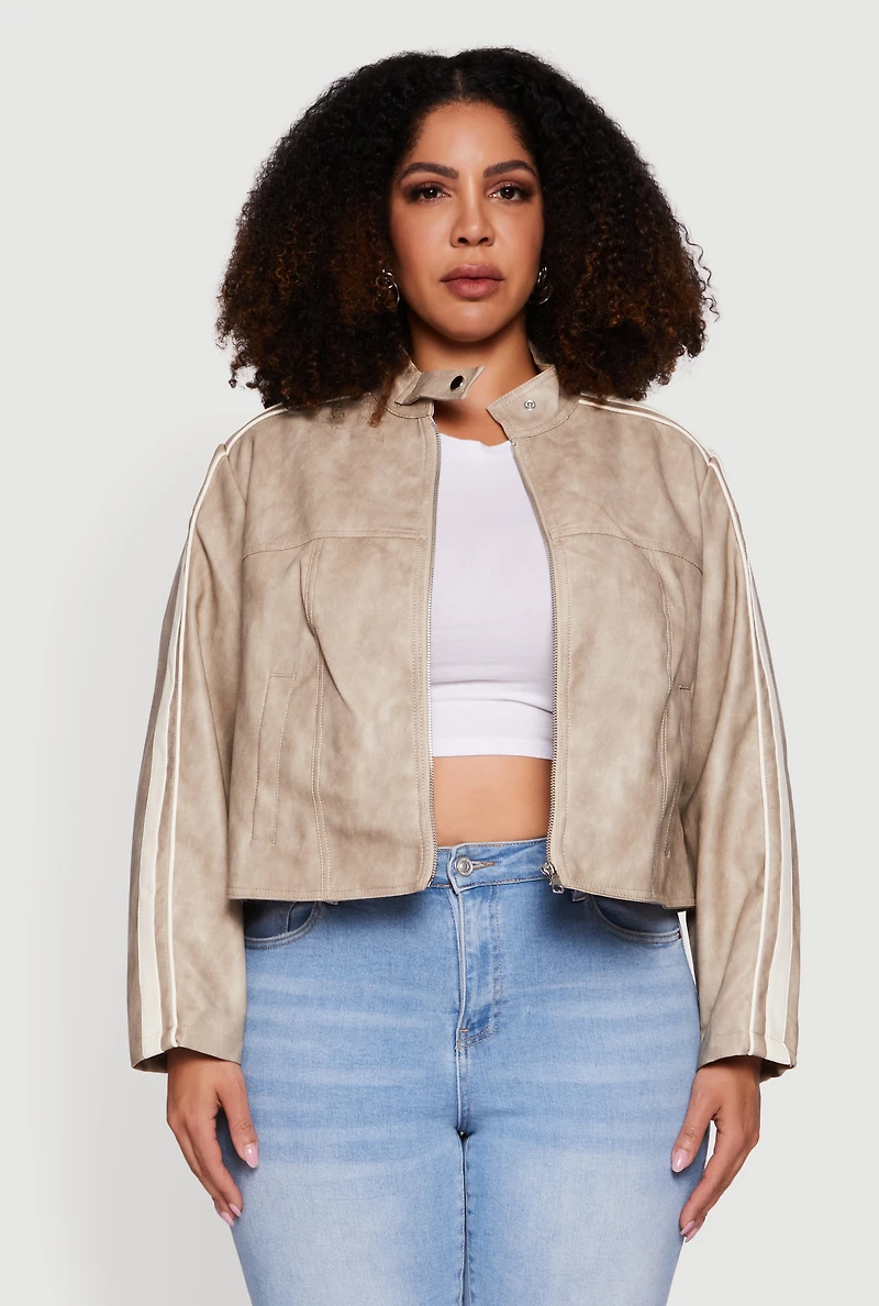 Plus Faux Leather Side Stripe Zip Front Moto Jacket