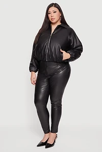 Womens Plus Faux Leather Zip Front Bubble Hem Jacket, 3X