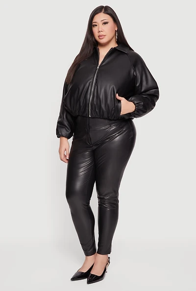 Plus Faux Leather Zip Front Bubble Hem Jacket