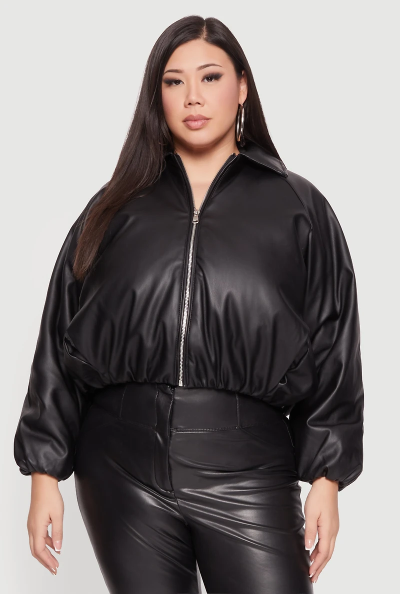 Womens Plus Faux Leather Zip Front Bubble Hem Jacket, 3X