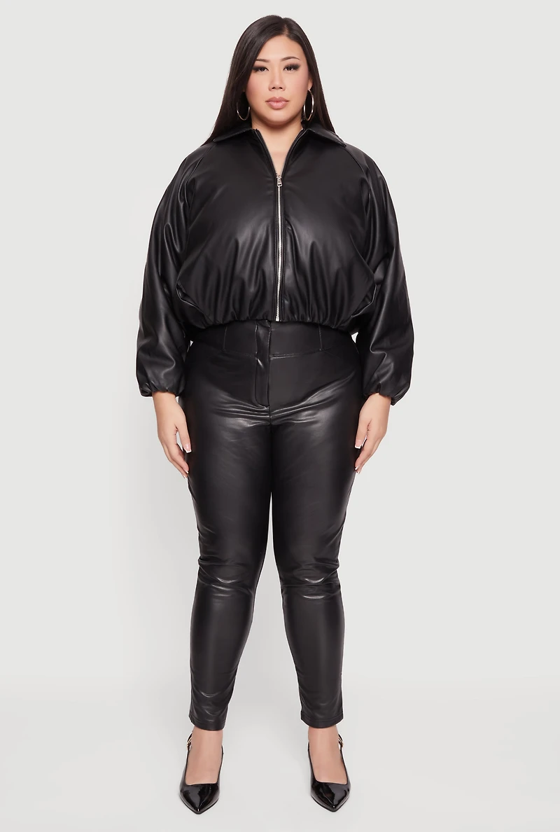 Womens Plus Faux Leather Zip Front Bubble Hem Jacket, 3X