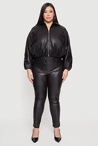 Womens Plus Faux Leather Zip Front Bubble Hem Jacket, 3X