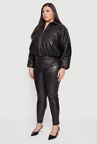 Womens Plus Faux Leather Zip Front Bubble Hem Jacket, 3X